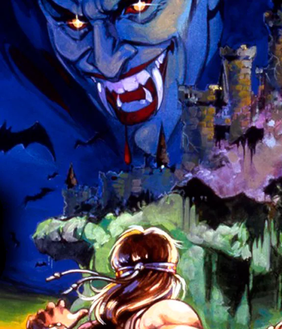 Capa de Castlevania Anniversary Collection com o Drácula ao fundo em seu castelo e à frente o protagonista Simon Belmont.