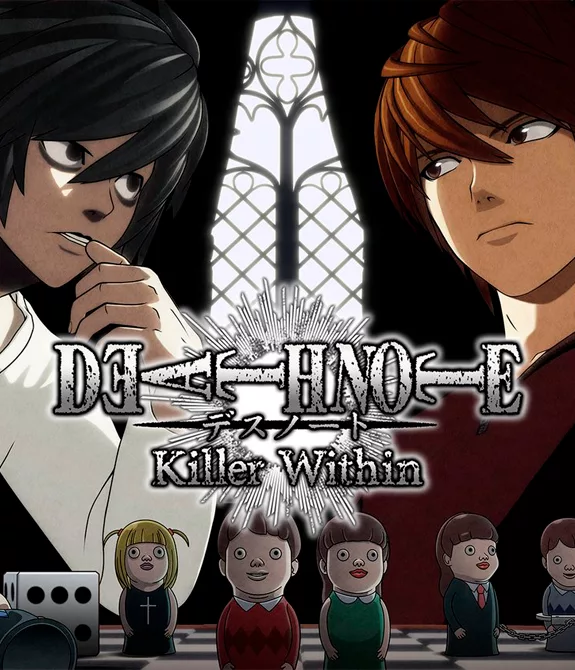 L e Kira se encaram na frente de um tabuleiro com miniaturas de personagens com a logo de Death Note Killer Within à frente.