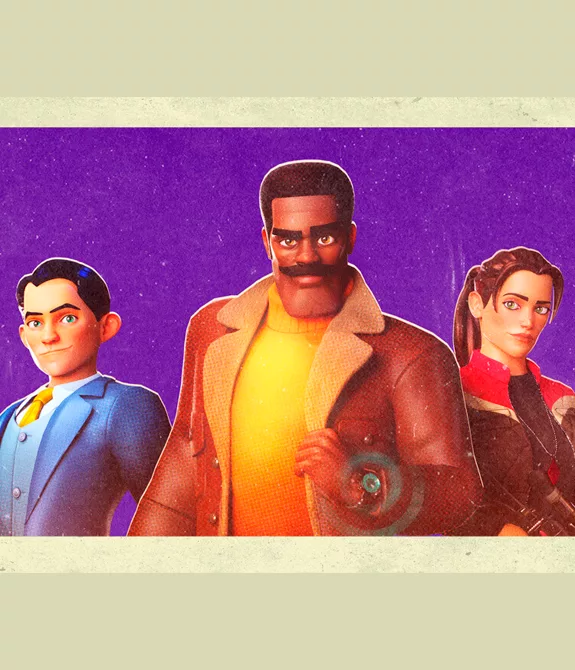 3 personagens espiões do jogo deceive inc, fundo roxo.