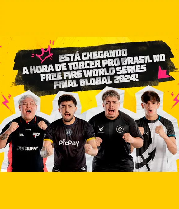 4 jogadores representando os times brasileiros no Free Fire World Series 2024 em um fundo amarelo com símbolos e frases do jogo.