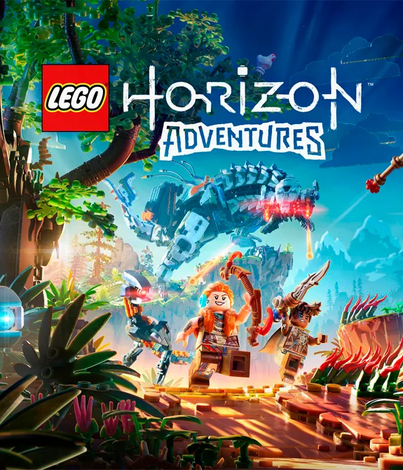 Personagens de LEGO Horizon Adventures em meio as máquinas e numa paisagem, todos em LEGO.