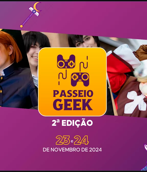 Capa do Passeio Geek Florianópolis com a data de 23 e 24 de novembro e ao fundo uma foto com vários cosplayers.