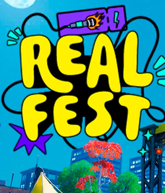 Capa da RealFest dentro de Fortnite, onde está rolando uma festa em frente a um palco com várias pessoas diversas.