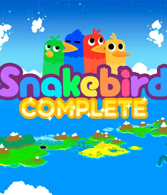 Paisagem de um arquipélago com a logo de Snakebird Complete à frente e seus 4 pássaros coloridos unidos.