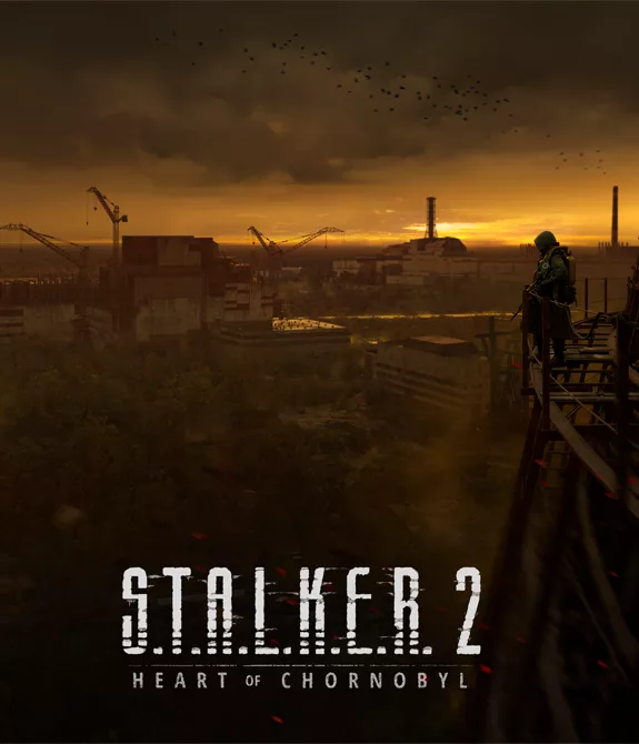 Capa de STALKER 2 Heart of Chornobyl com um personagem em cima de uma torre olhando para uma usina nuclear abandonada.