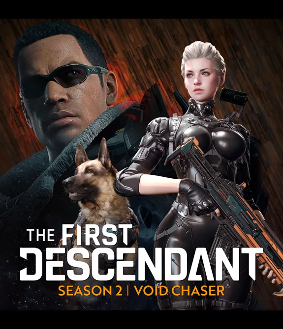 Capa da Season 2 Void Chaser de The First Descendant com 2 personagens e um cachorro.