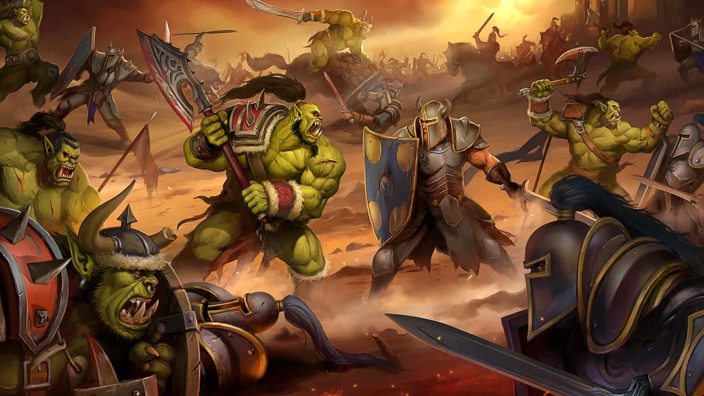 Orcs e humanos se enfrentam num campo de batalha.