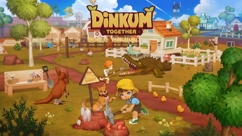 Uma fazenda com 2 personagens, um minerando e outro se defendendo de um crocodilo, à volta cangurus, galinhas e um cão. Logo de Dinkum Together à frente.