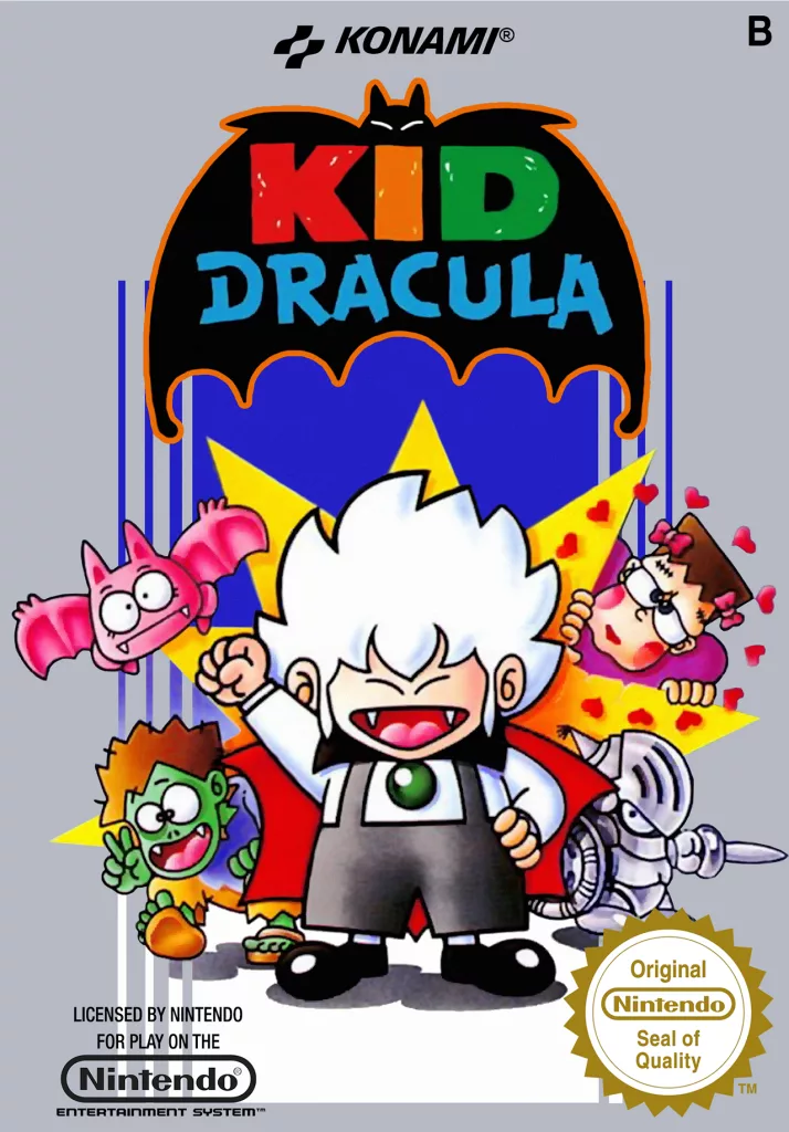 Capa de Kid Dracula para o console Nes com personagens cartunescos e engraçados.