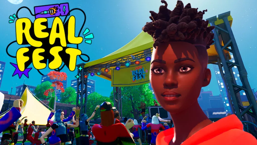 Capa da RealFest dentro de Fortnite, onde está rolando uma festa em frente a um palco com várias pessoas diversas.