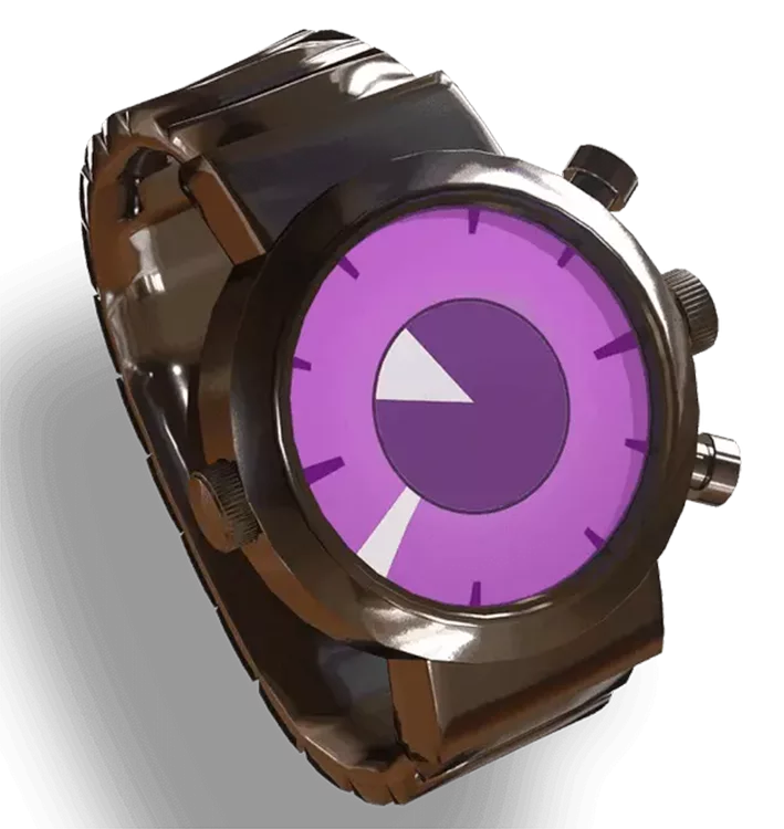 Um relógio de pulso, sem números, cores douradas na pulseira e roxo no visor.