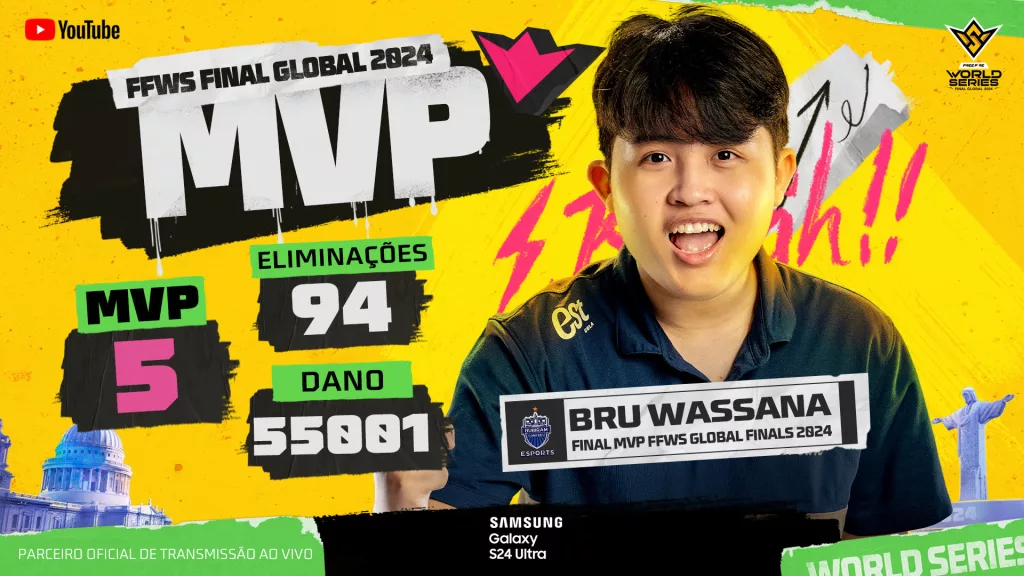 Wassana MVP da FFWS com 94 eliminações, 5 MVPs e 55001 de dano.