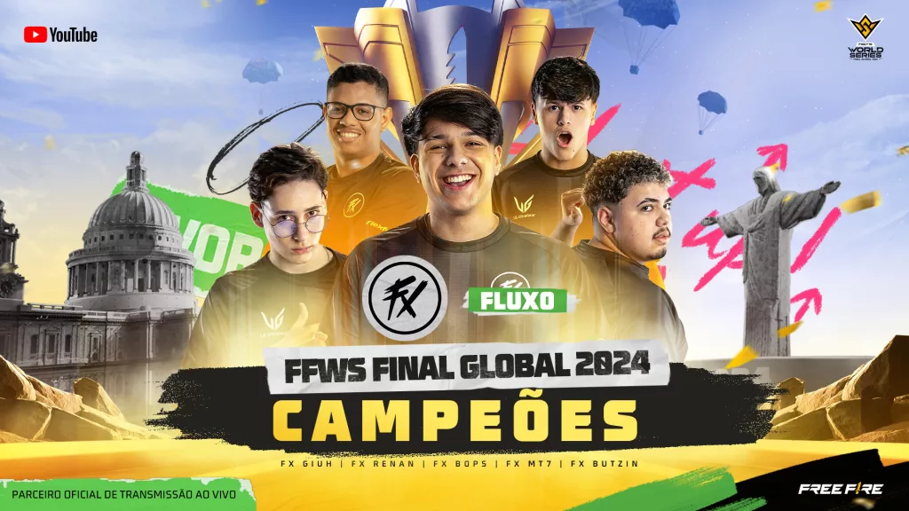 Faixa Free Fire FFWS Final Global 2024 com os Campeões da Fluxo Giuh, Renan, Bops, MT7 e Butzin. Ao fundo a taça.