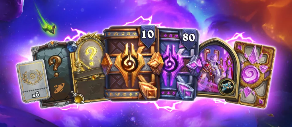 Pacotes de card da grande Treva Infinita de Hearthstone mostrados em um fundo de galáxia.