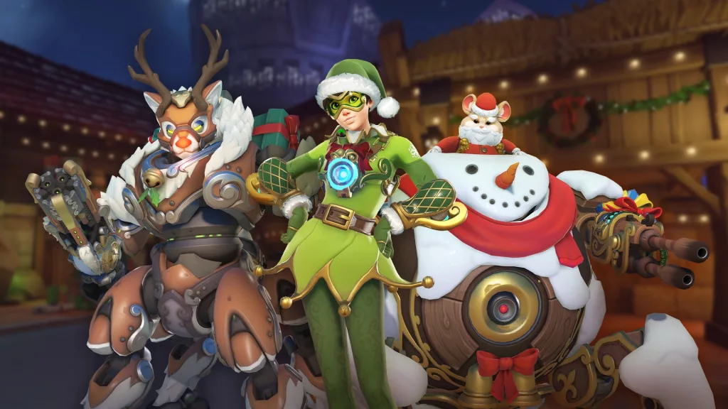 Orisa, Tracer e Wrecking Ball em trajes de inverno.