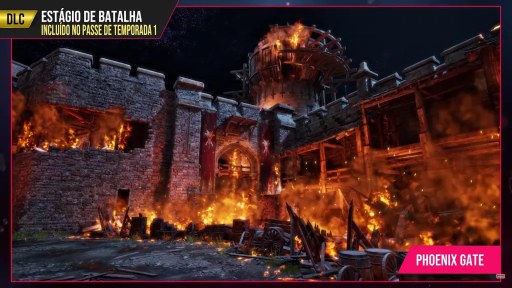 Um castelo se destruindo e em chamas sob um céu escuro, esse é Phoneix Gate, novo estágio de Tekken 8 junto da chegada de Clive Rosfield.