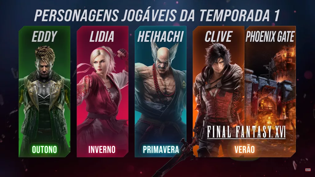 Eddy, Lidia, Heihachi e Clive em um banner de todos os personagens jogáveis da temporada 1 de Tekken 8.