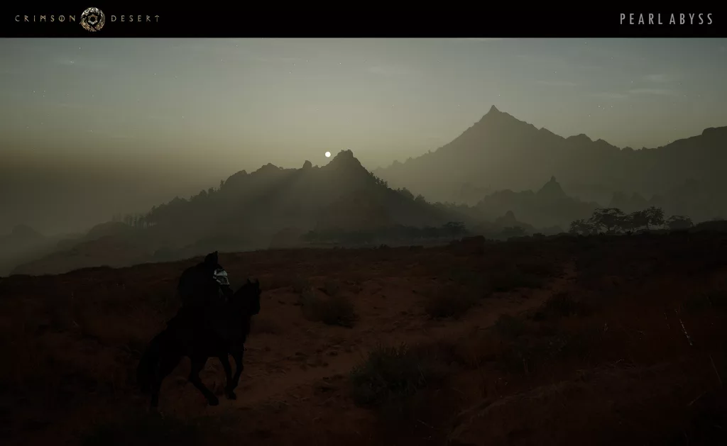 Protagonista à cavalo vendo o pôr do Sol entre montanhas.