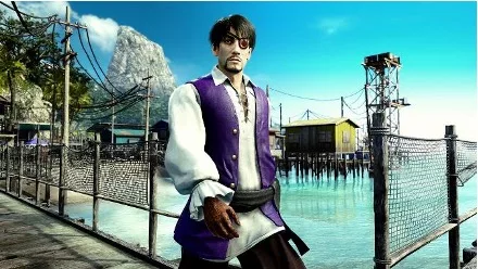 Goro Majima no pier com camisa branca e colete roxo.