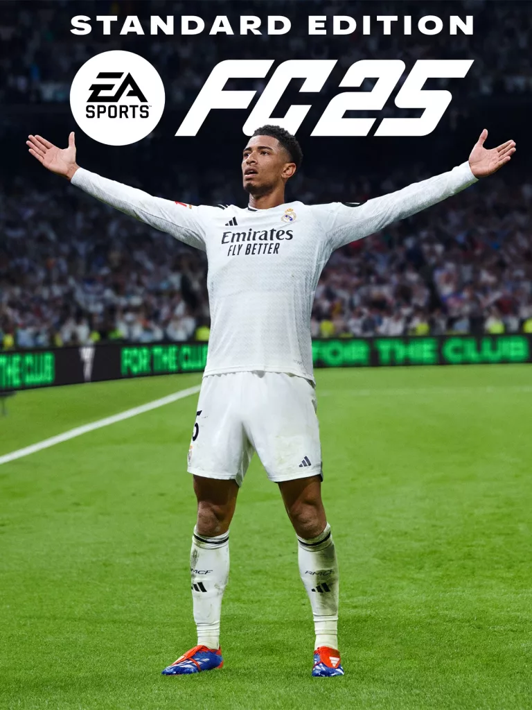 Capa de EA Sports FC 25 com jogador de futebol de braços abertos em campo.