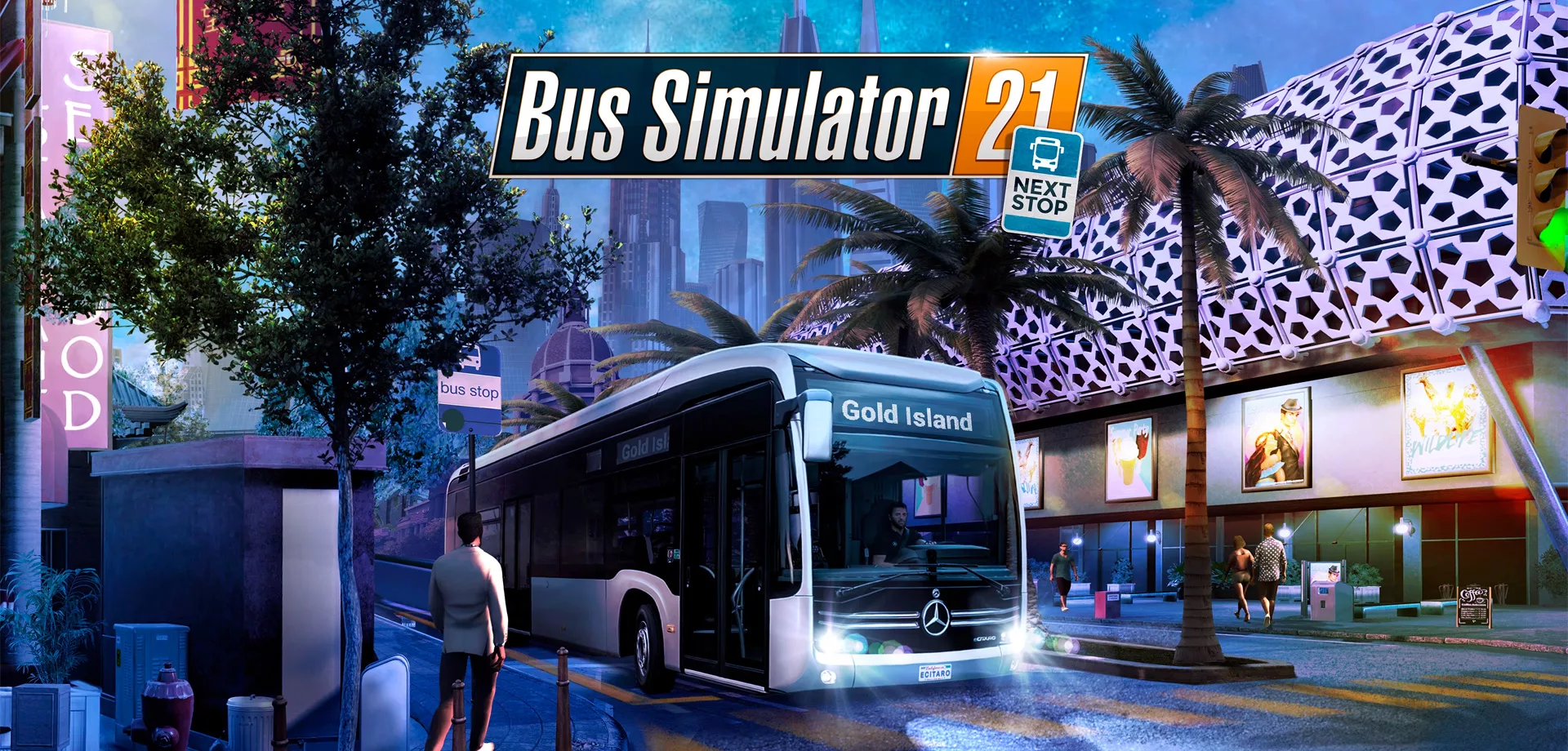 Logo de Bus Simulator 21 com imagem de um ônibus para Gold Island em uma rua na cidade.