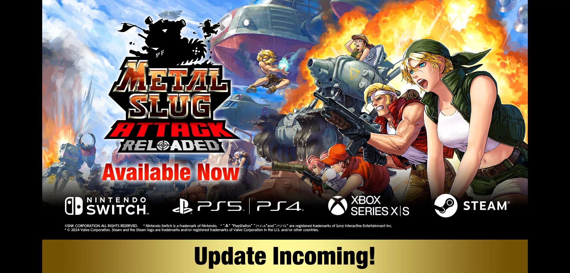 Capa de Metal Slug Attack Reloaded mostrando uma atualização a caminho e personagens clássicos à direita da logo.