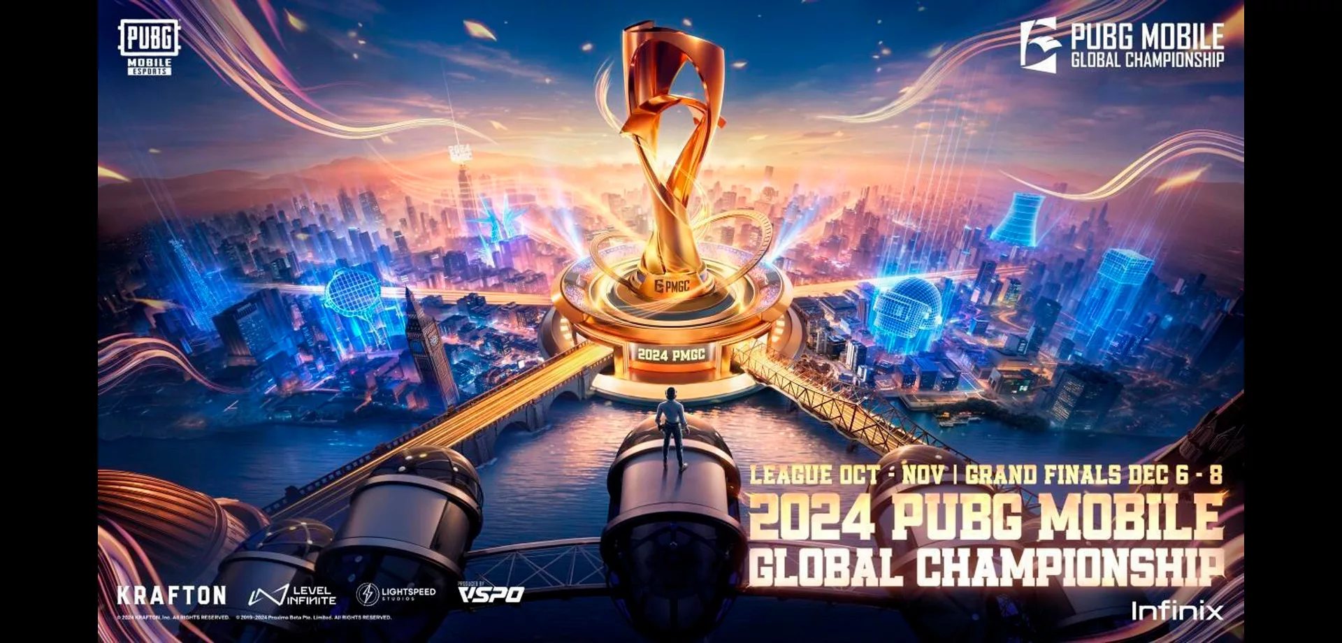 Arte de PUBG Mobile para a Grande Final com um troféu grandioso no meio de uma cidade futurista com itens de PUBG em hologramas.