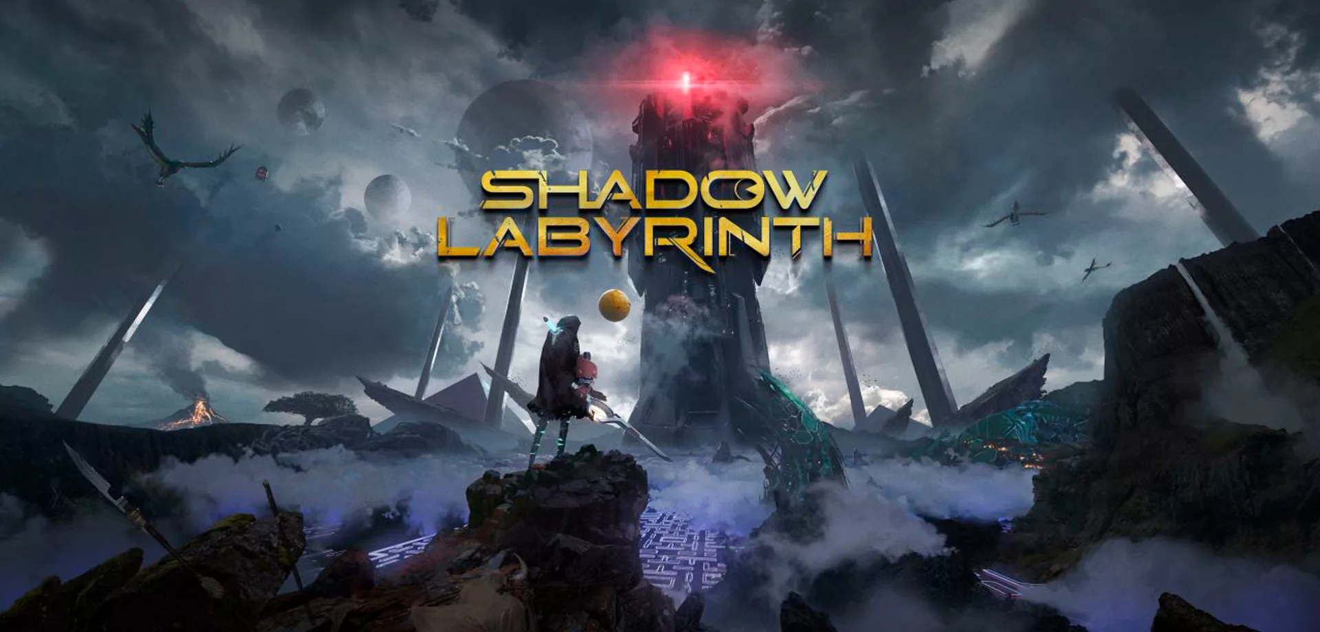 Um mundo com labirinto e várias rochas e monumentos metálicos aparece ao fundo com criaduras voadores e uma grande torre. Protagonisa aparece olhando essa paisagem e a logo de Shadow Labyrinth aparece no centro.