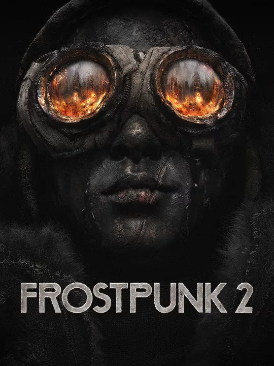 Capa de Frostpunk 2 com pessoas cheia de cinzas e usando óculos de proteção refletindo fogo.