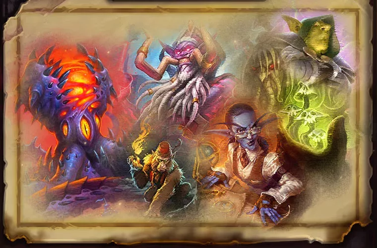 Vários personagens de Hearthstone em um pergaminho parecendo uma pintura.