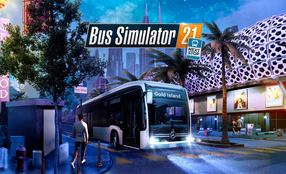 Logo de Bus Simulator 21 com imagem de um ônibus para Gold Island em uma rua na cidade.