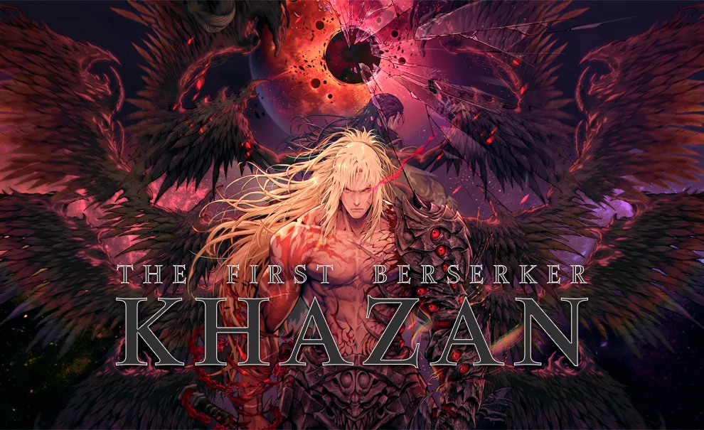 Khazan aparecen entre várias asas negras e com um braço cheio de escamas e olhos vermelhos, à frente logo de The First Berserker Khazan.