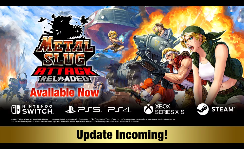 Capa de Metal Slug Attack Reloaded mostrando uma atualização a caminho e personagens clássicos à direita da logo.