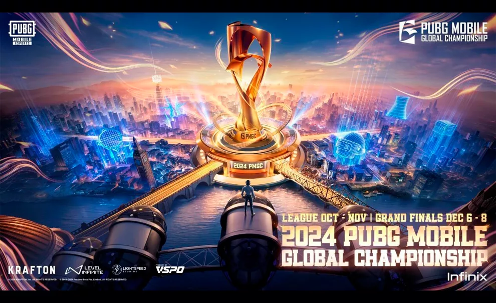 Arte de PUBG Mobile para a Grande Final com um troféu grandioso no meio de uma cidade futurista com itens de PUBG em hologramas.