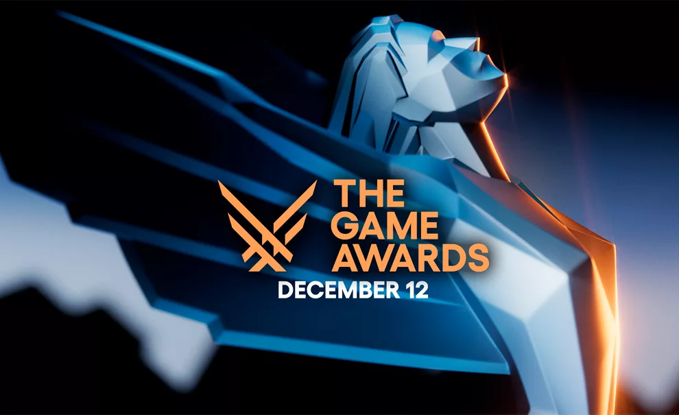 Estatueta do The Game Awards 2024 ao fundo e à frente a logo da premiação.