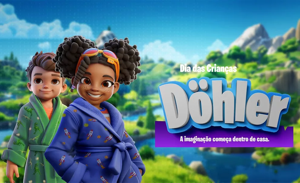 Banner da campanha dohler fortnite, com logo da marca e dois personagens no estilo do game, um menino e uma menina, vestindo roupões