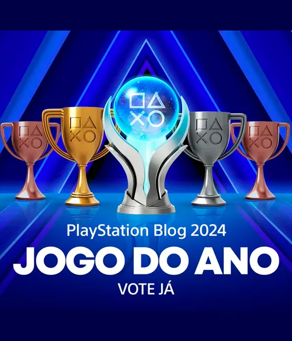 PlayStation Melhores jogos do ano de 2024 com as 5 taças em um fundo azul e branco.