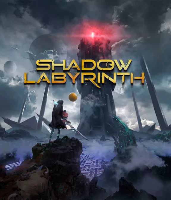 Um mundo com labirinto e várias rochas e monumentos metálicos aparece ao fundo com criaduras voadores e uma grande torre. Protagonisa aparece olhando essa paisagem e a logo de Shadow Labyrinth aparece no centro.