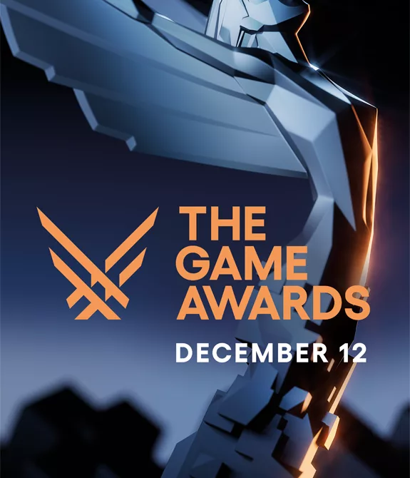 Estatueta do The Game Awards 2024 ao fundo e à frente a logo da premiação.