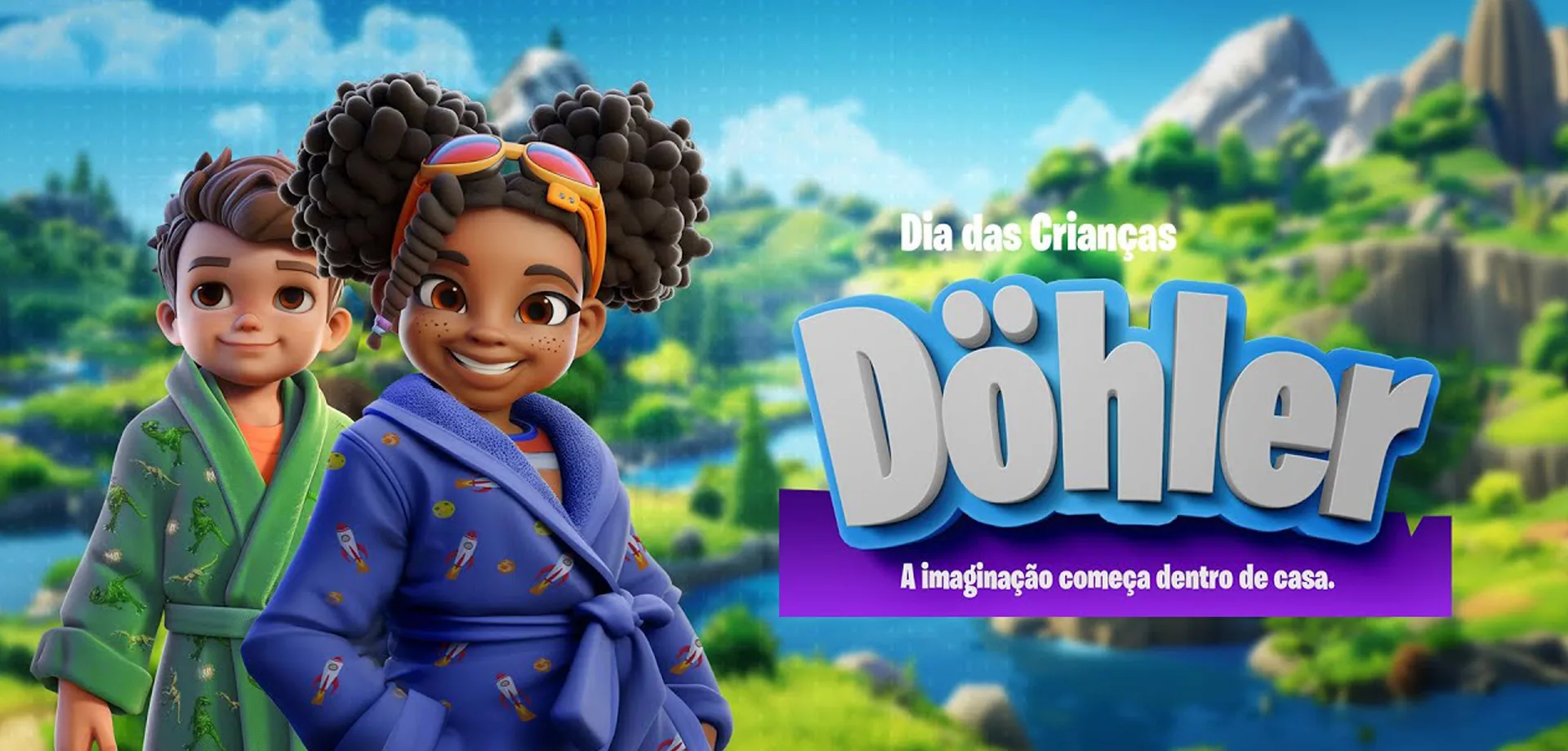 Banner da campanha dohler fortnite, com logo da marca e dois personagens no estilo do game, um menino e uma menina, vestindo roupões