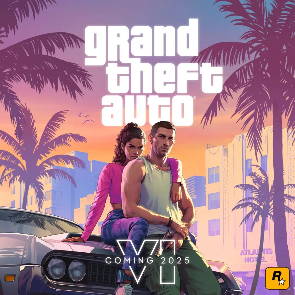 Imagem oficial de GTA VI com 2 protagonistas sentados em um carro em uma Miami colorida.