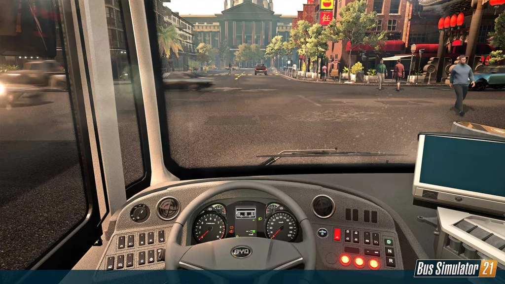 Visão em primeira pessoa do motorista do ônibus em Bus Simulator 21.