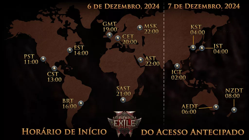 Mapa-mundo com horários de lançamento do jogo.