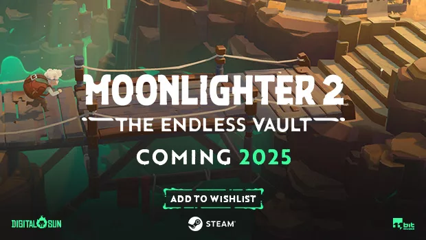 Capa de divulgação de Moonlighter 2 com o protagonista andando por uma ponte de madeira em direção a escadas de pedra.