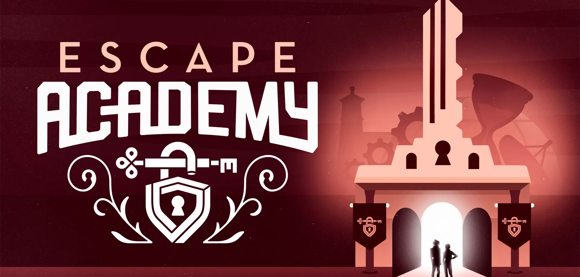 A esquerda a logo de Escape Academy e a direita uma entrada de um local em formato de chave.