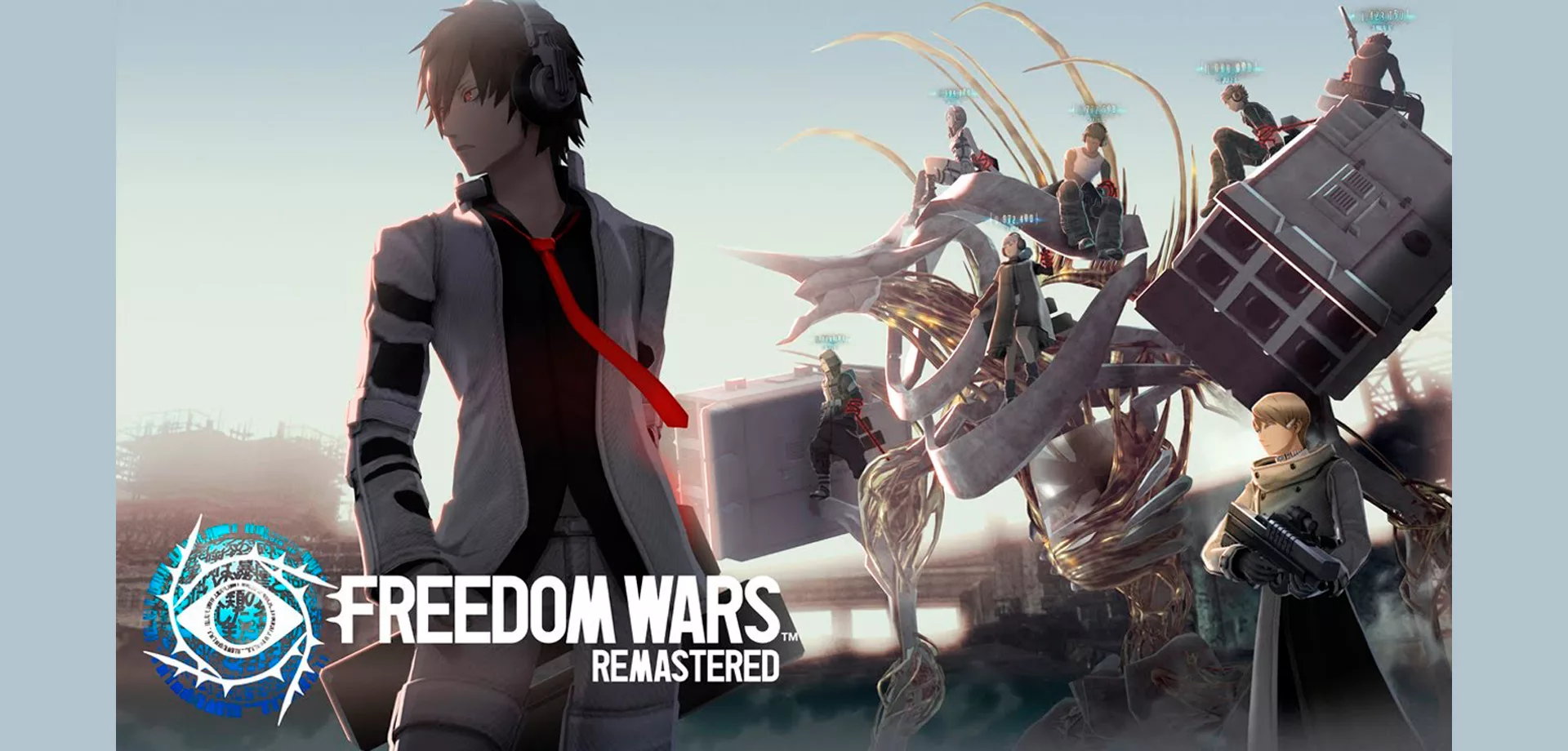 Protagonista de Freedom Wars Remastered está a esquerda na imagem, olhando de lado, ao fundo um monstro e vários personagens.