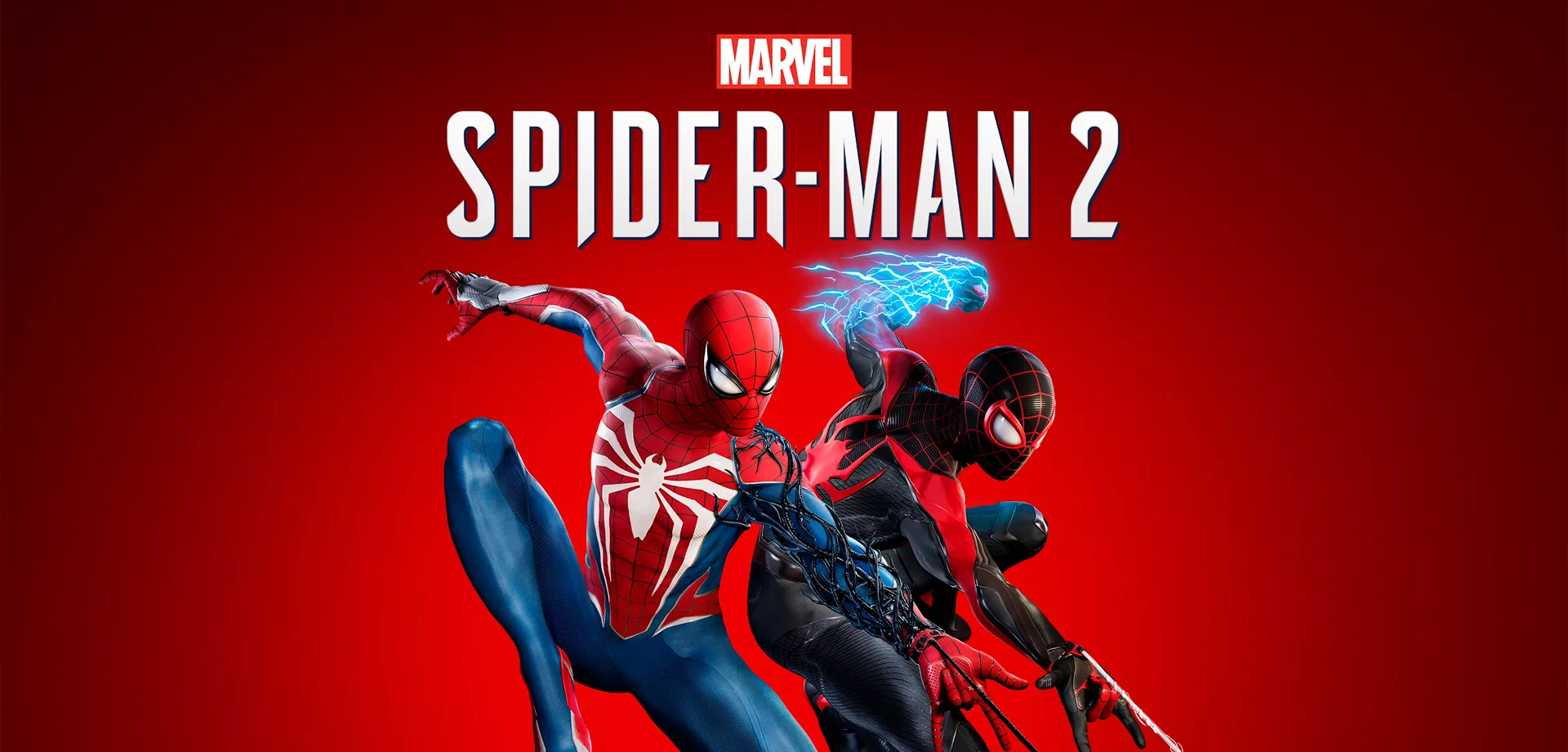 Capa de Marvel's Spider-Man 2 com Peter Parker e Miles Morales em um fundo vermelho.