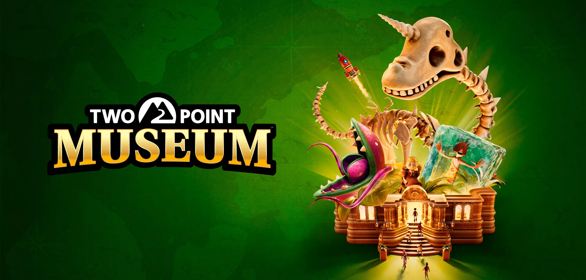 Logo de Two Point Museum à esquerda e à direita a imagem de um museu, um esqueleto de dinossauro, um foguete, um homem pré-histórico e uma planta carnívora.