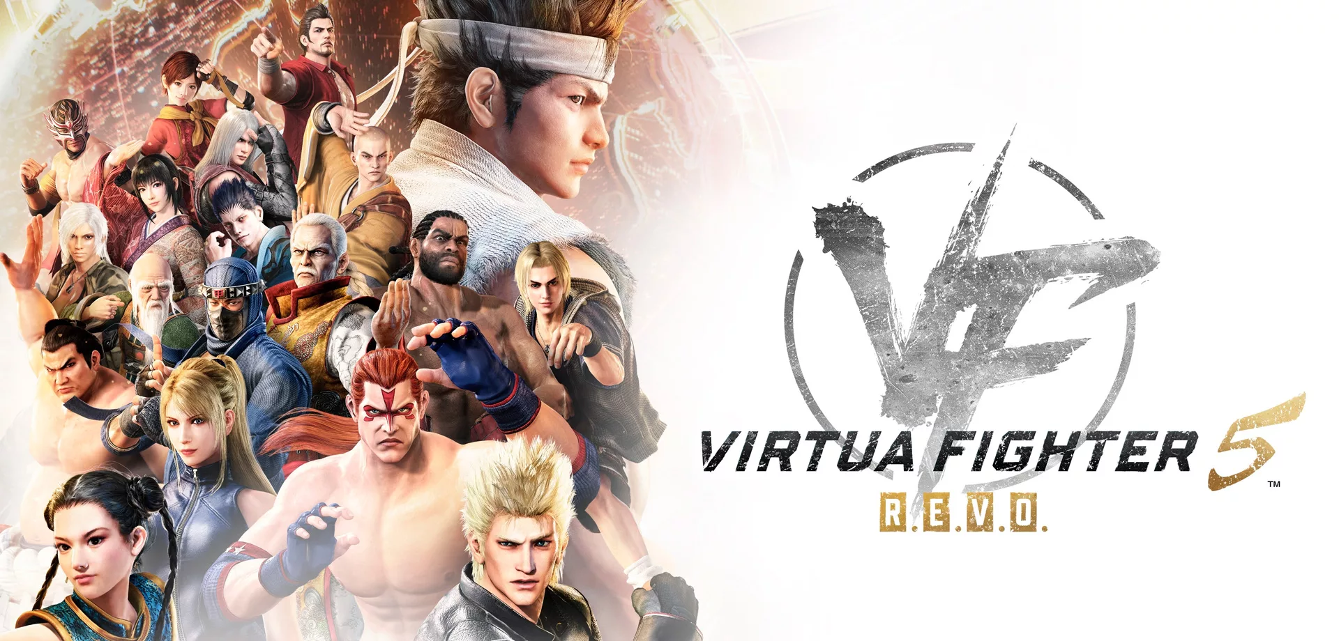 Vários Lutadores de Virtua Fighter 5 R.E.V.O. à esquerda da imagem, e à direita a logo do jogo.