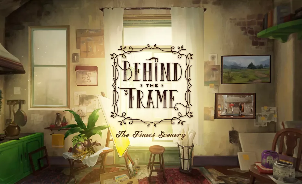 Imagem de uma sala relaxante com utensílios de pintura e a logo de Behind the Frame The Finest Scenery.